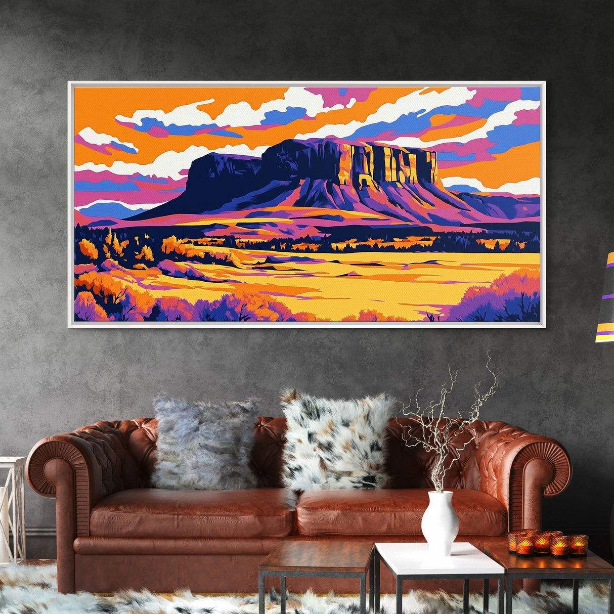 Mesa, desert sunset, southwest decor, extra wide wall art, western landscape painting, panoramic painting, framed canvas print