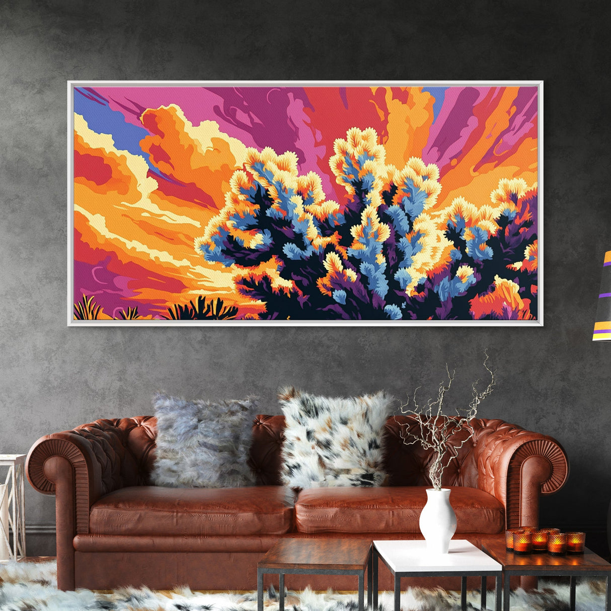 Joshua Tree, desert landscape, sunset art, boho decor, southwest wall art, extra wide art, framed canvas print, panoramic painting