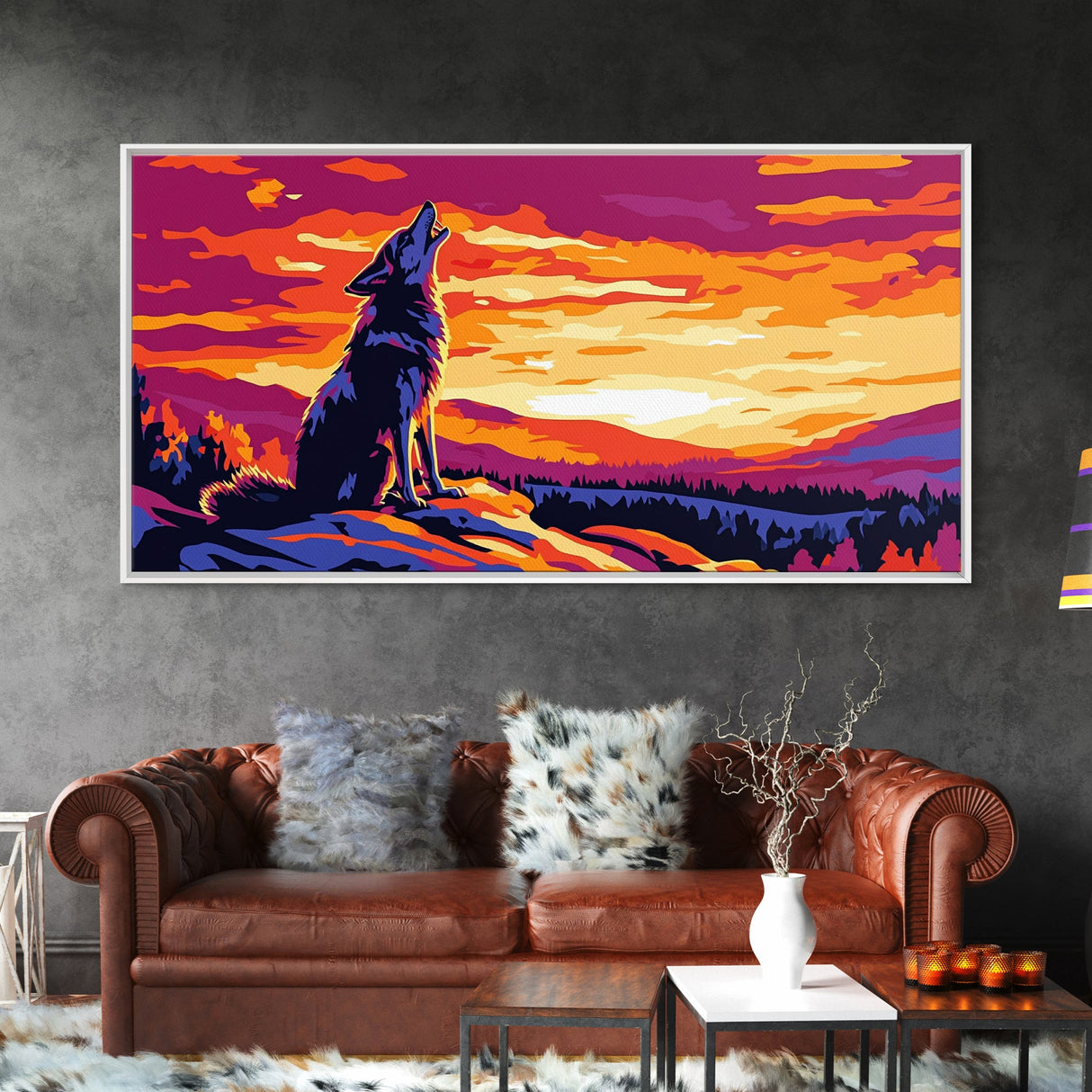 Howling Wolf, mountain painting, pine tree art, rustic decor, panoramic painting, southwest wall art, landscape painting, Canvas Print, gift