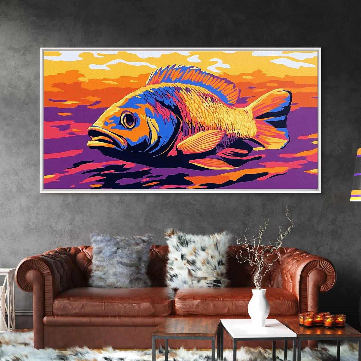 Vibrant Fish, Fly Fishing Art, Rustic Decor, Extra Wide Art, Nautical Wall Art, Framed Canvas Print, Gift Idea, Panoramic Art, Lake Tahoe Art