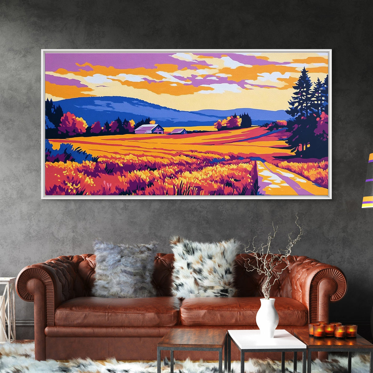 Mountain Landscape Art, pink orange wall art, sunset painting, extra wide art, panoramic art, landscape painting, canvas print