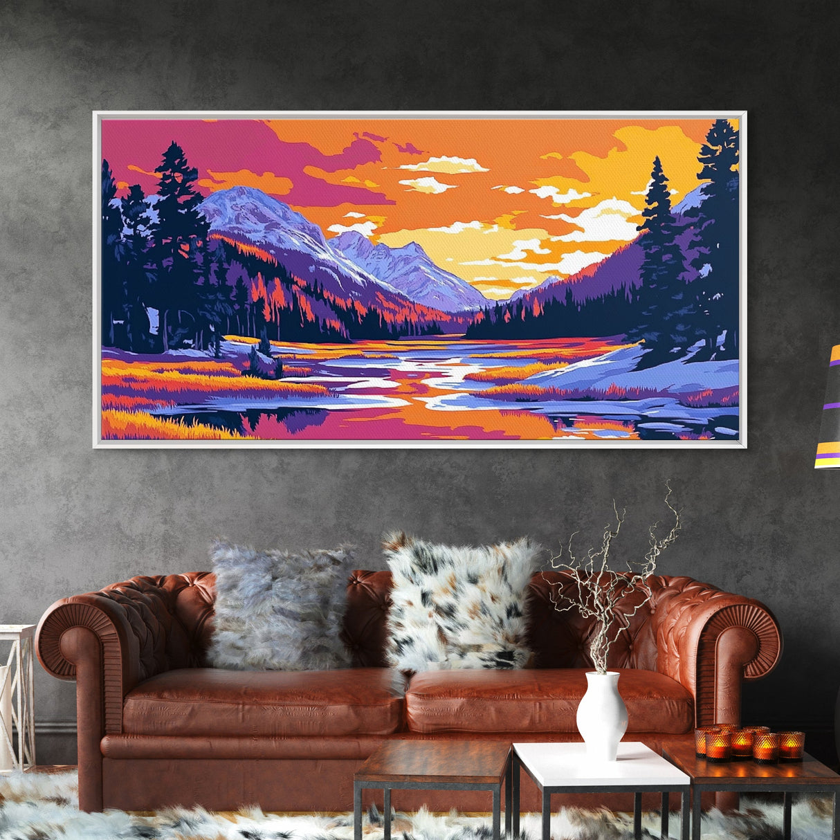Lake Tahoe Art, mountain painting, scenic sunset print, southwest wall art, panoramic art, extra wide art, framed canvas print