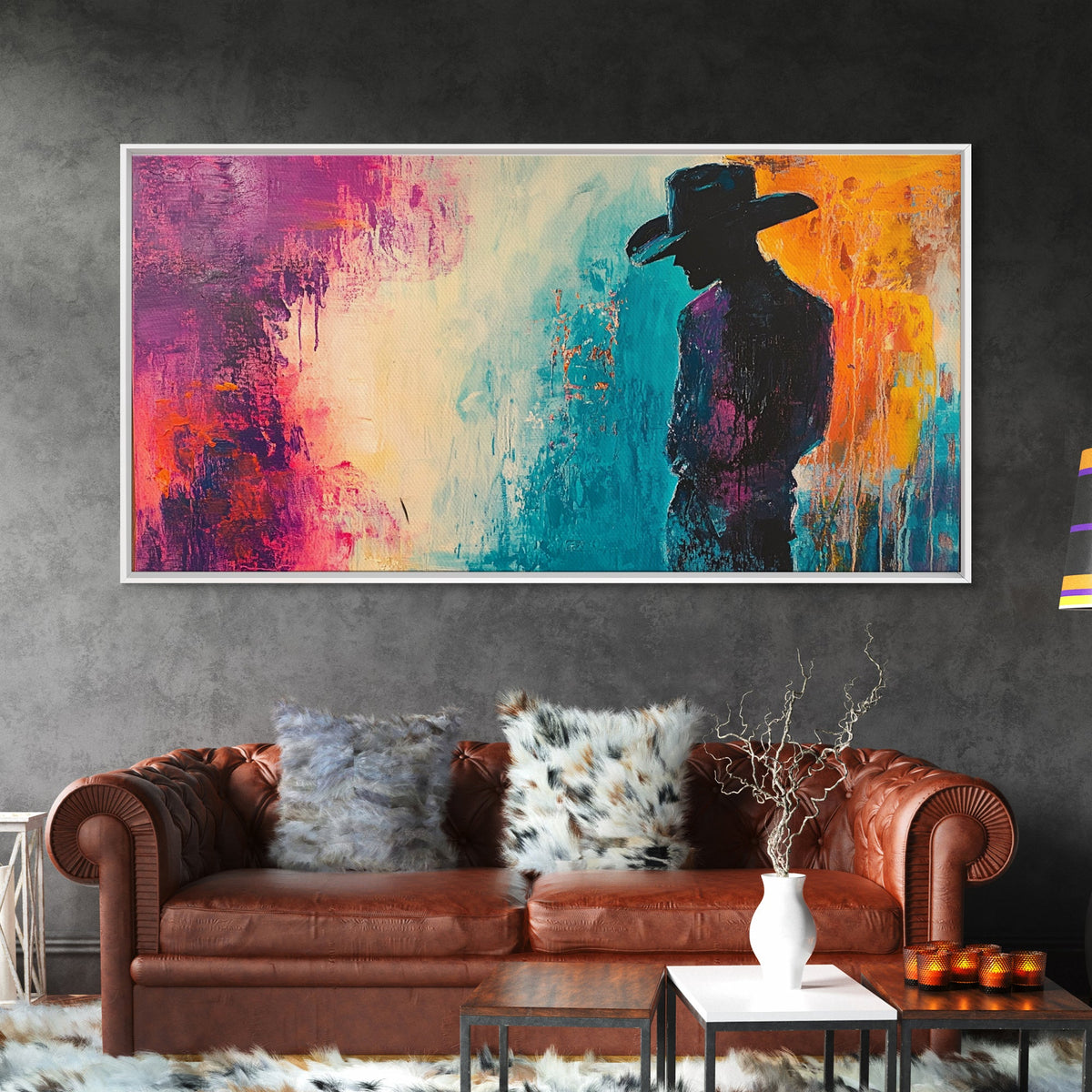 Silhouette Cowboy Art, rustic wall art, western painting, moody art, cowboy painting, extra wide art, farmhouse decor, canvas print, gift idea