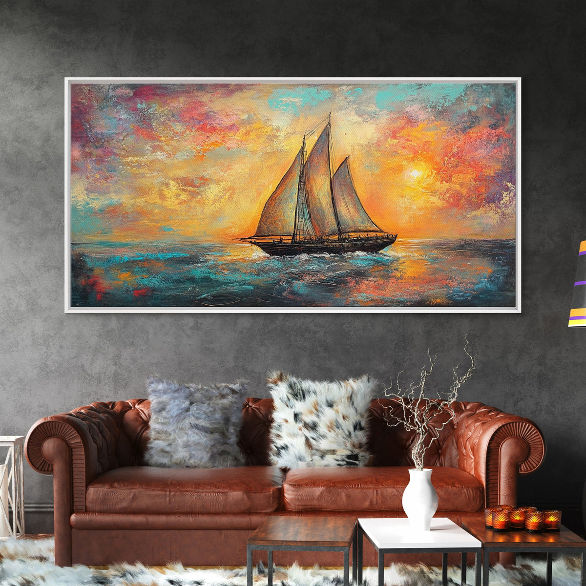 Sailboat at Sunset, nautical painting, coastal decor, seascape painting, beach house art, extra wide art, oil painting, canvas print