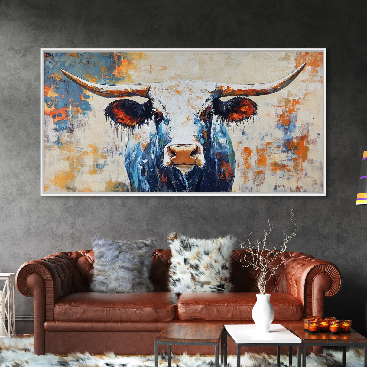 Longhorn Painting, Framed Canvas Print, Rustic Wall Art, Southwest Wall Art, Farmhouse Art, Extra Wide Art, Above Couch Art, Moody Art