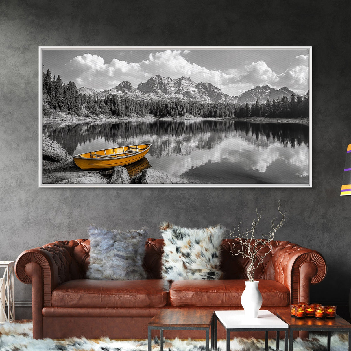 Mountain Lake with Boat, nautical wall art, lake Tahoe art, coastal decor, rustic wall art, extra wide art, seascape painting, Canvas Print