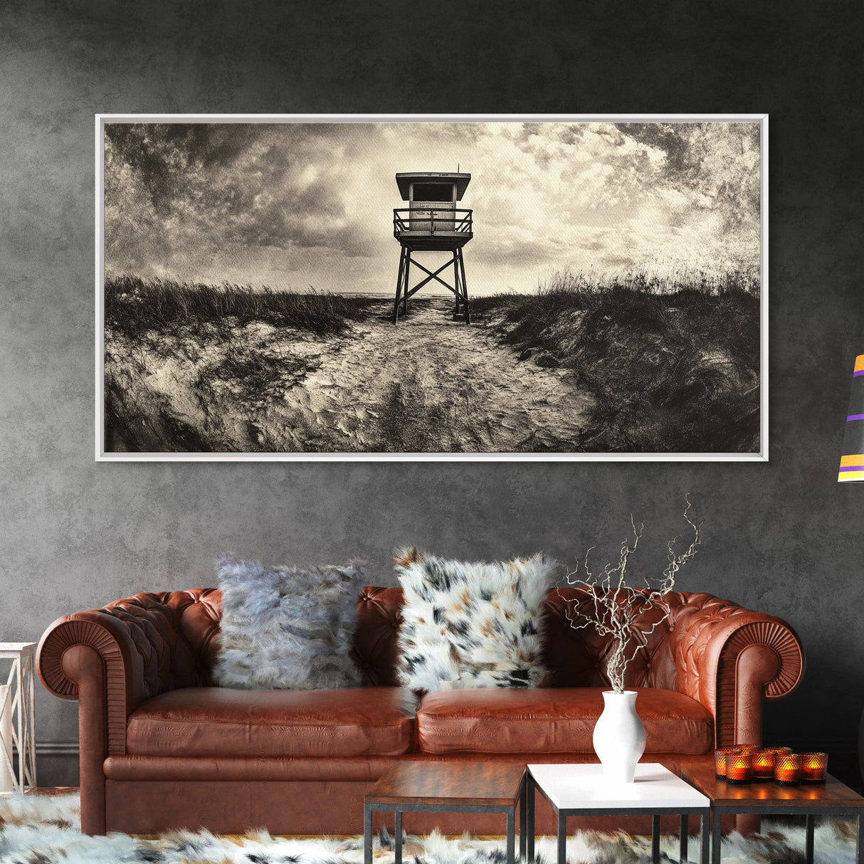 Lifeguard Tower, Coastal Landscape Art, Wabi Sabi Art, Rustic Decor, Moody Art, Nautical Wall Art, Canvas Print