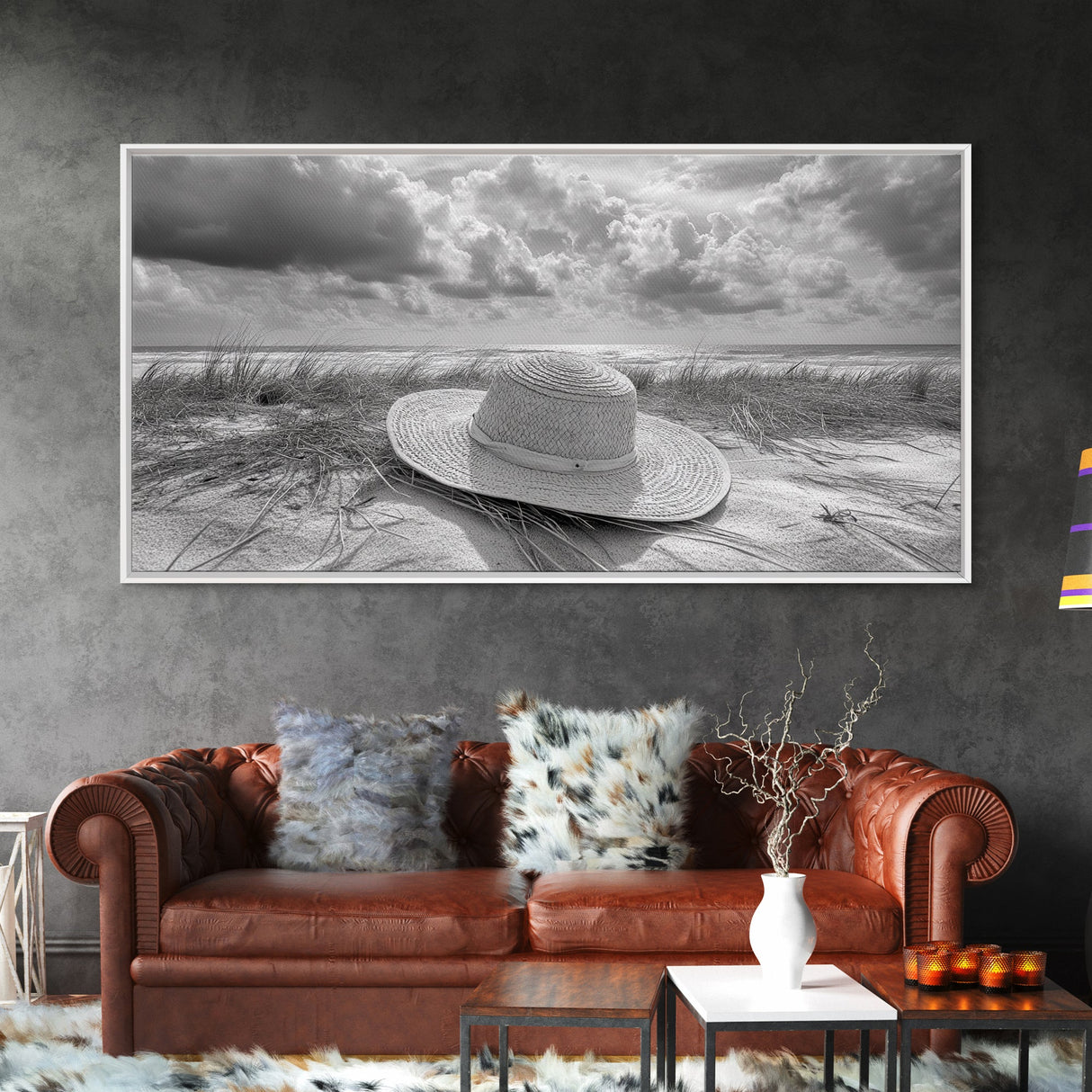 Straw Hat, Coastal Landscape Art, Wabi Sabi Art, Beach Wall Art, Rustic Decor, Extra Wide Art, Coastal Cowgirl Art, Canvas Print