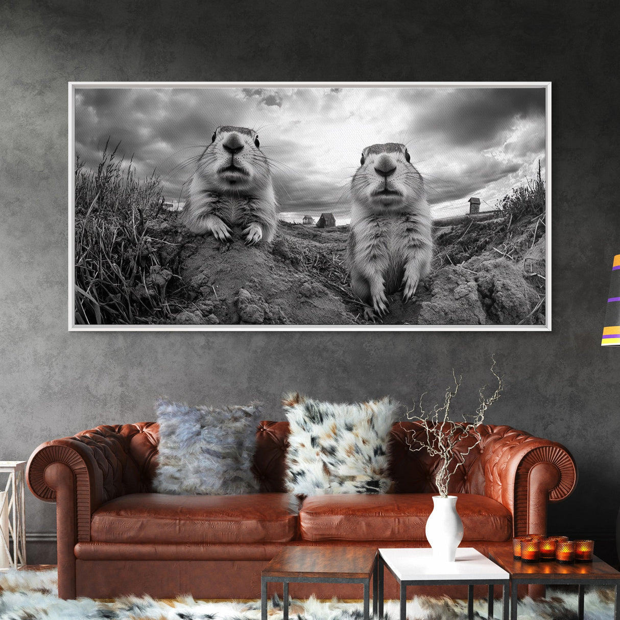 Prairie dogs, whimsical art, rustic wall art, farmhouse art, nature painting, extra wide art, above couch art, framed canvas print