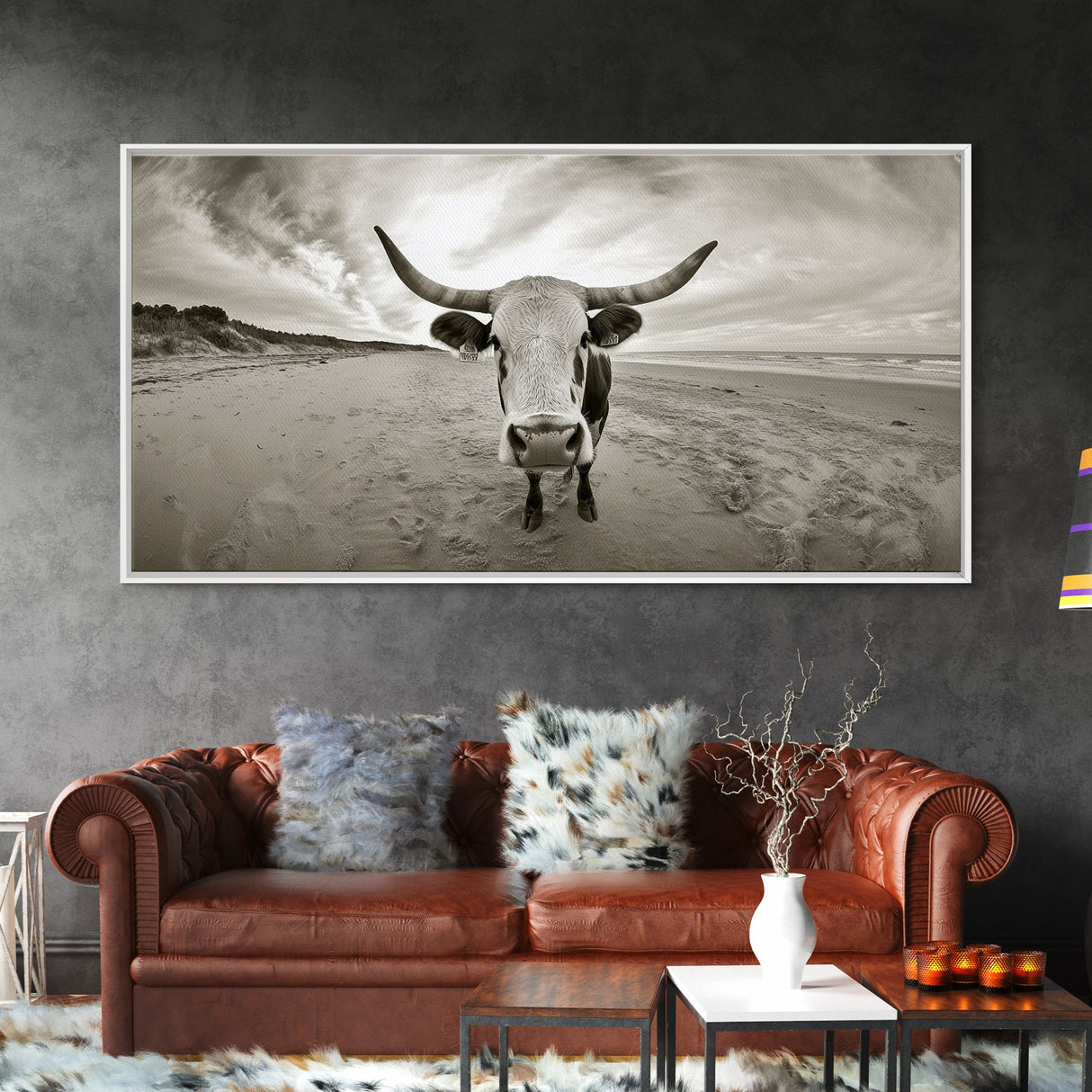 Longhorn, beach, western decor, rustic art, farmhouse art, extra wide art, above sofa art, panoramic painting, framed canvas print