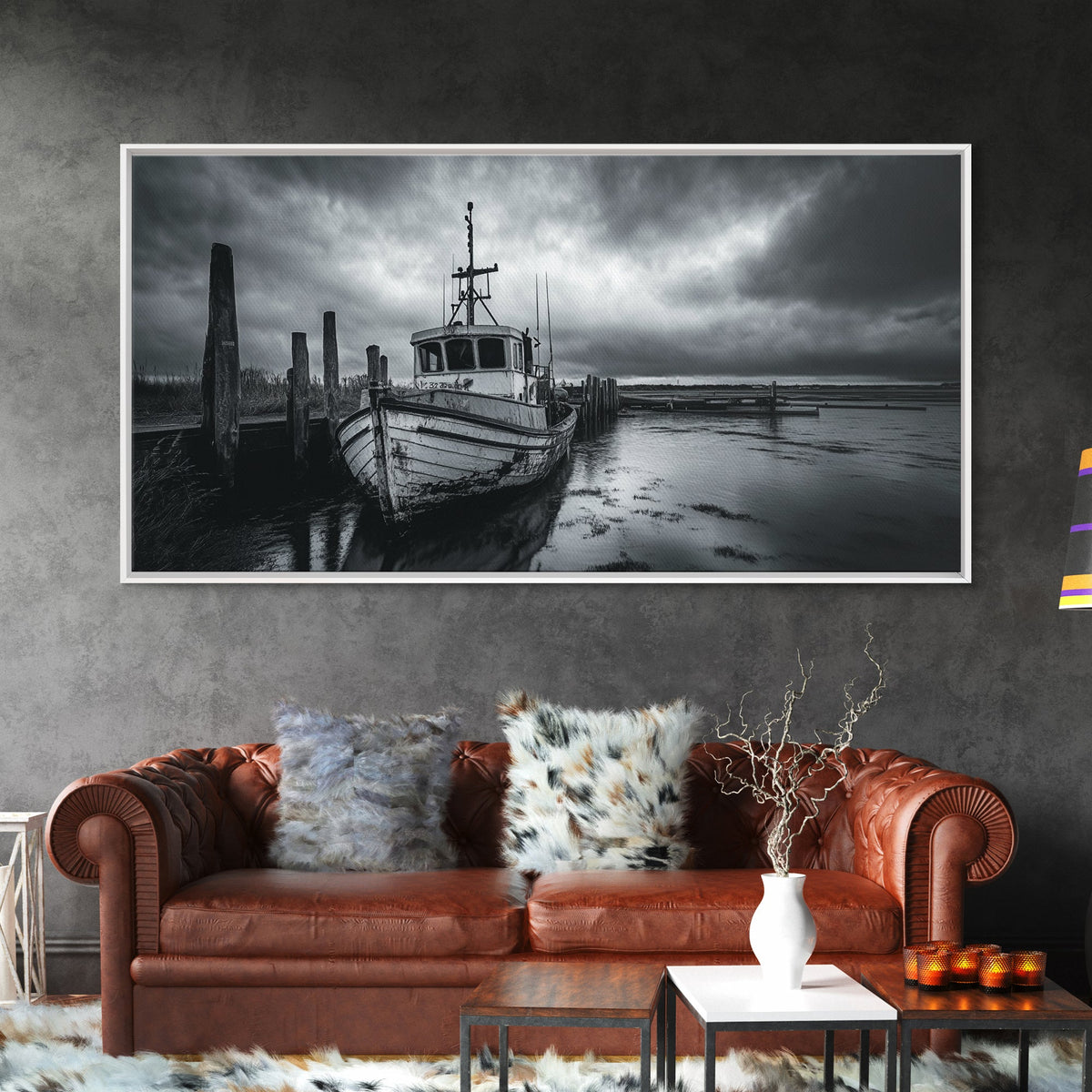 Fishing boat, nautical decor, coastal painting, rustic art, panoramic painting, extra wide art, above sofa art, framed canvas print