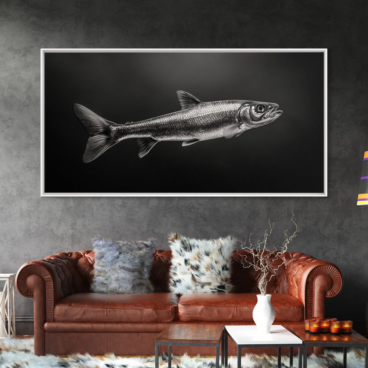 Trout, fish painting, fly fishing art, rustic decor, cabin wall art, nature painting, extra wide art, panoramic art, framed canvas print