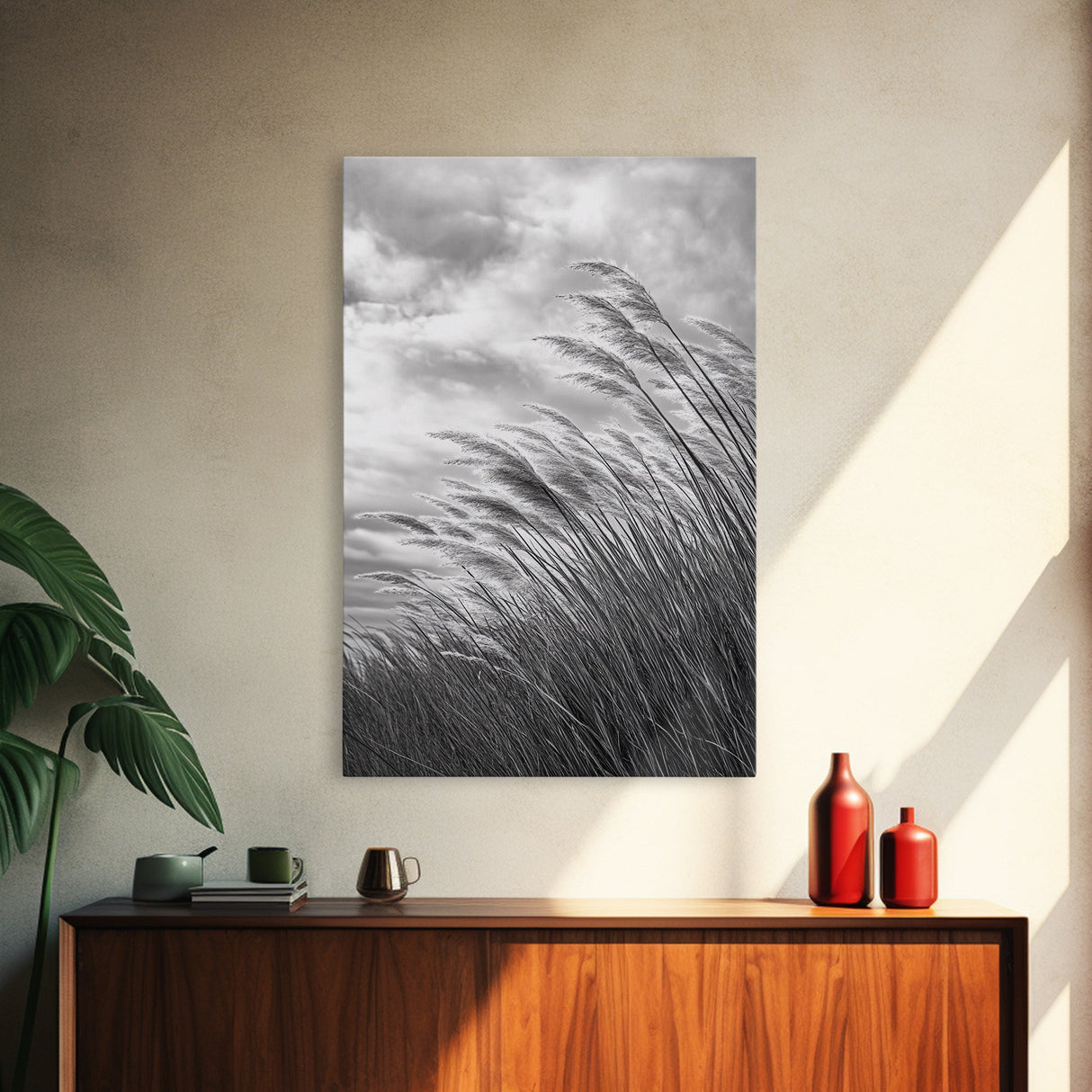 Wind Blowing Grass, moody art, wabi sabi art, landscape painting, farmhouse art, rustic decor, minimalist art, framed canvas print