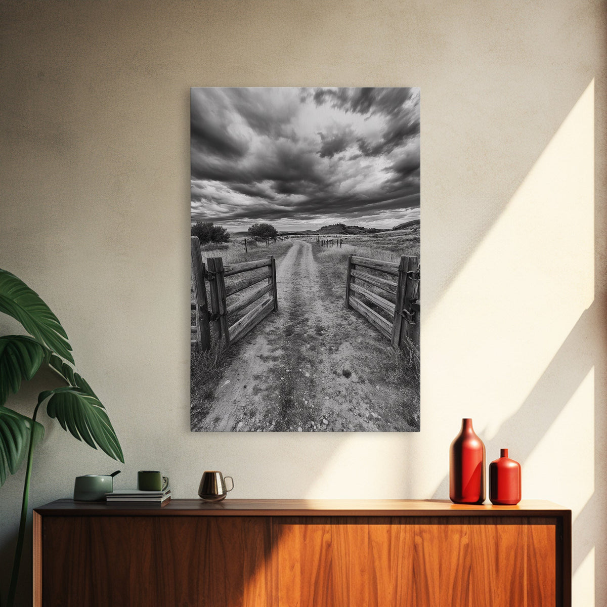 Open Ranch Gate, southwest wall art, moody art, western home decor, rustic art, farmhouse painting, framed canvas print, cowboy aesthetic