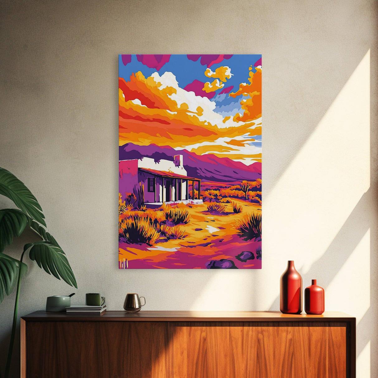Southwest sunset, desert house, Joshua tree art, pink orange wall art, rustic wall art, boho art, framed canvas print, landscape painting