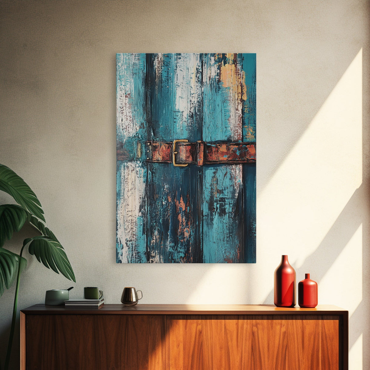 Rustic blue door, worn leather belt, southwest wall art, farmhouse art, textured painting, wabi sabi art, framed canvas print, rustic decor