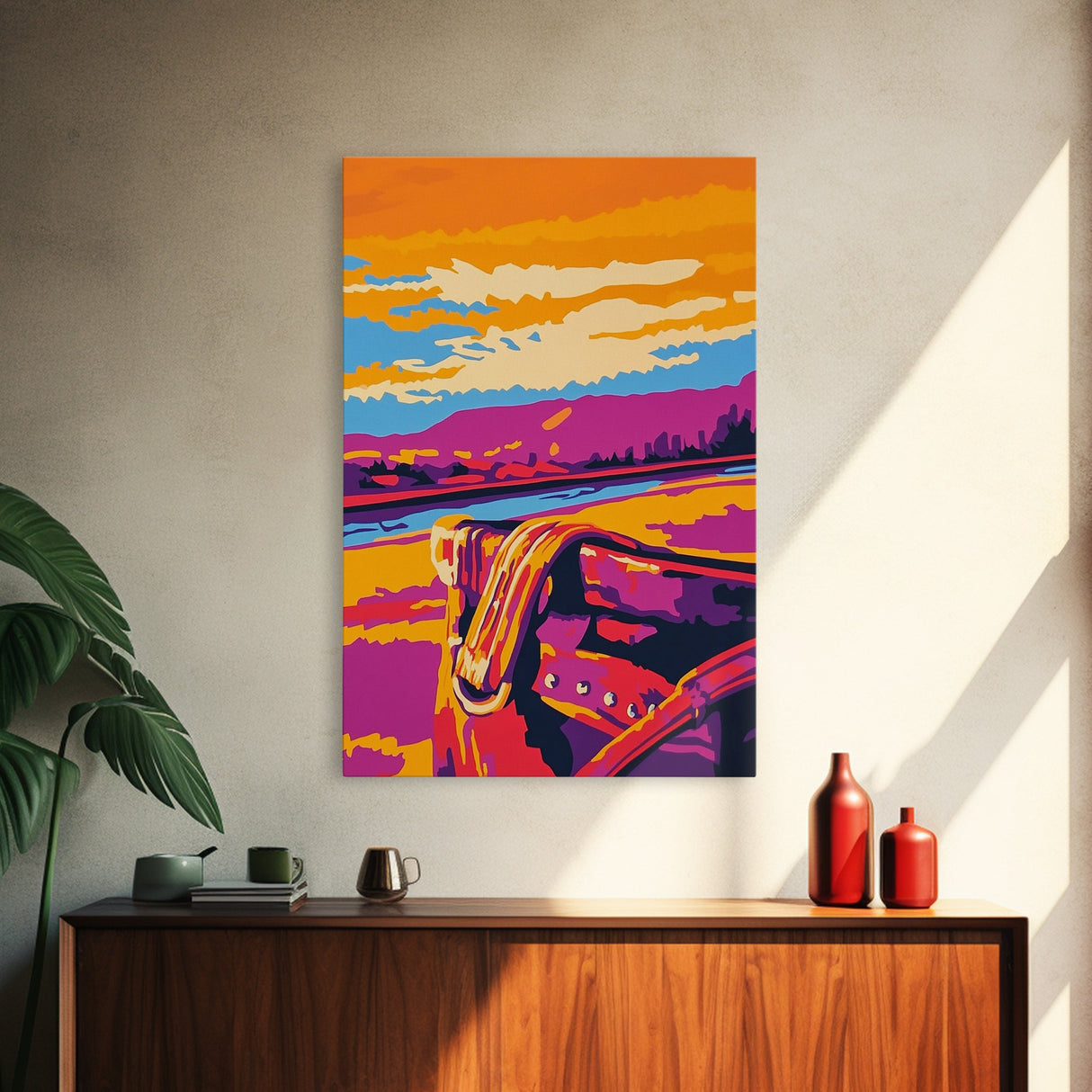 Desert Saddle, southwest wall art, rustic wall art, colorful western art, Joshua tree art, extra wide art, framed canvas print
