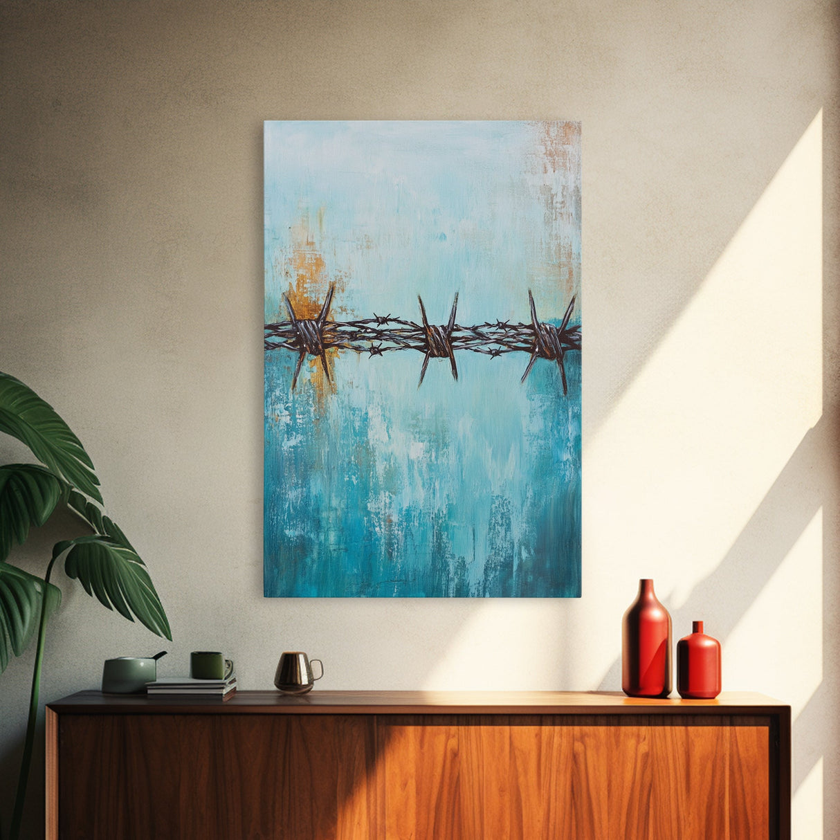 Barbed Wire, southwest wall art, rustic decor, teal wall art, minimalist art, original painting, gift idea for him, canvas print