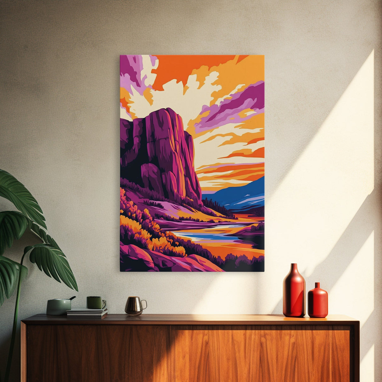 Mountain Painting, Bold Landscape Art, Orange Purple Wall Decor, Southwest Wall Art, Framed Canvas Print, Nature Inspired Artwork