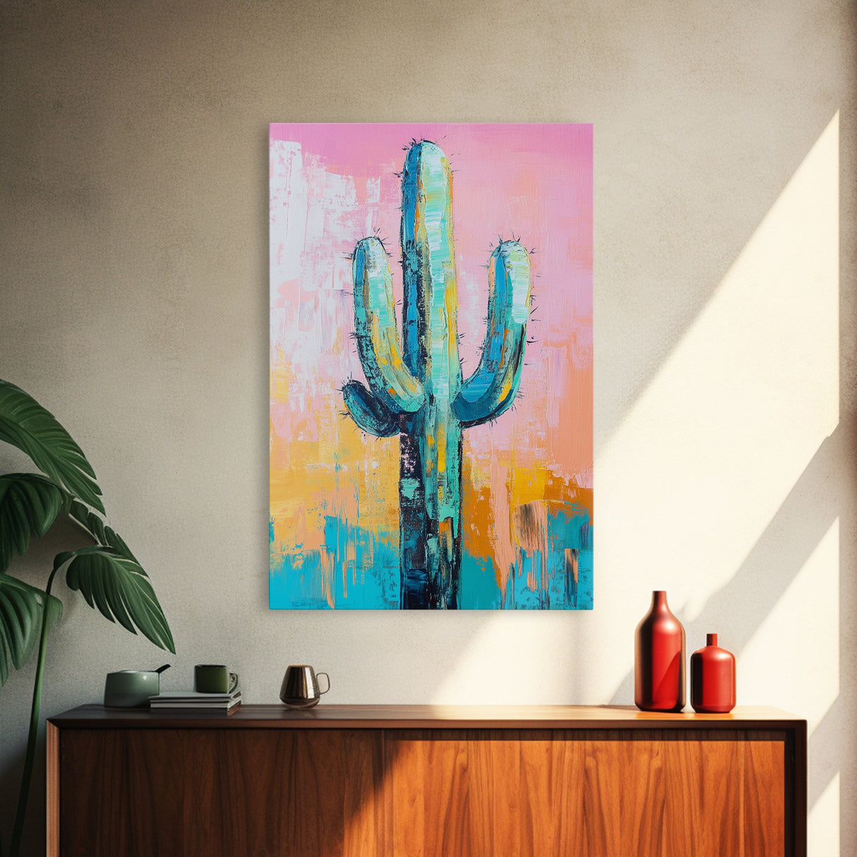 Abstract Cactus Painting, Boho Desert Art, Pink Green Wall Art, Southwest Wall Decor, Framed Canvas Print, Bold Colorful Art