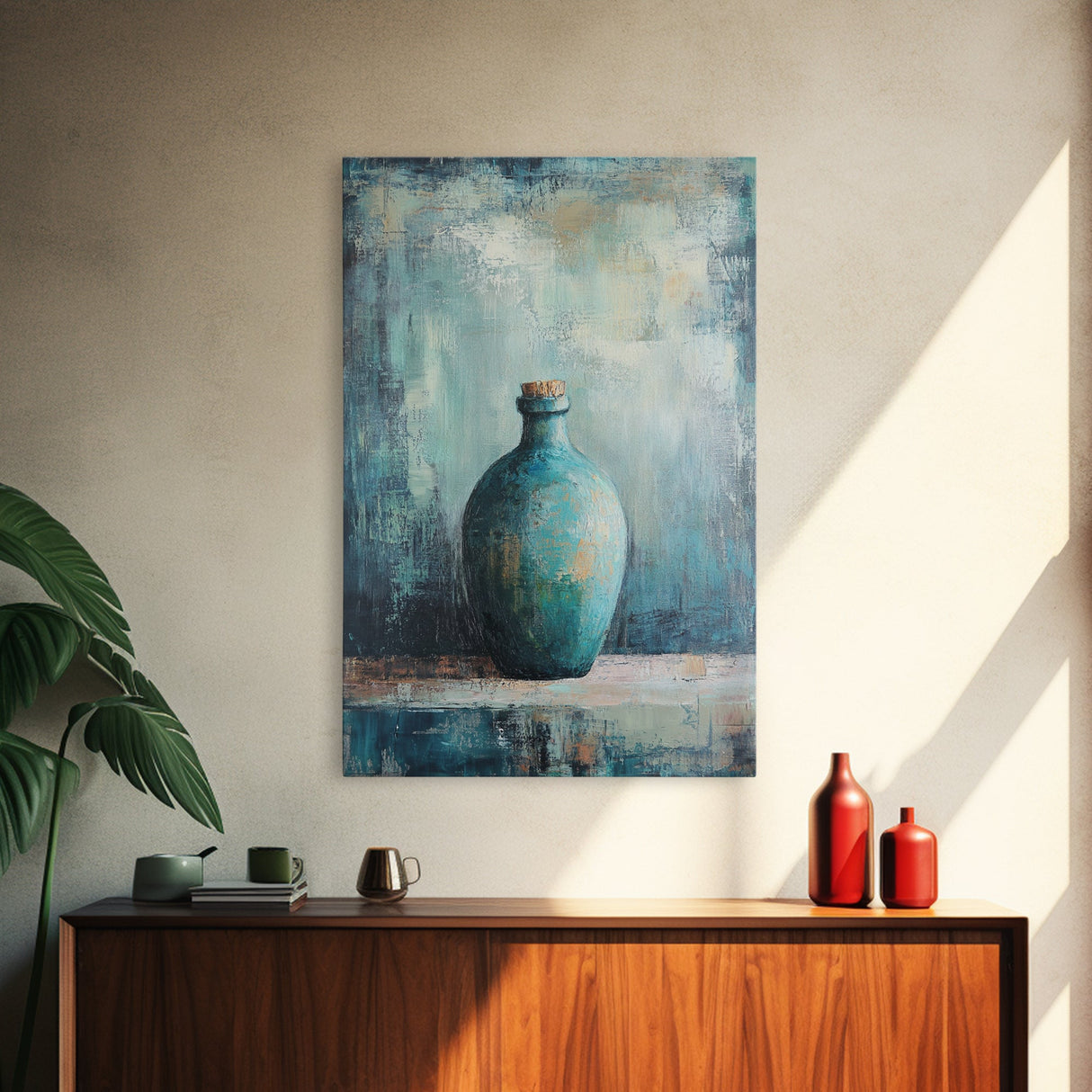 Teal Bottle, Wabi Sabi Art, Minimalist Wall Art, Canvas Print, Green Wall Art, Rustic Decor, Sage Green Wall Art, Moody Art, Gift Idea