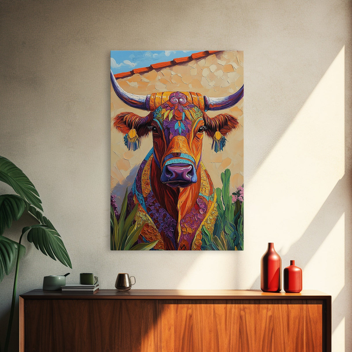 Colorful Bull, Mosaic Wall Art, Chicano Art, Southwest Wall Art, Canvas Print, Farmhouse Art, Rustic Decor, Gift Idea, Boho Art