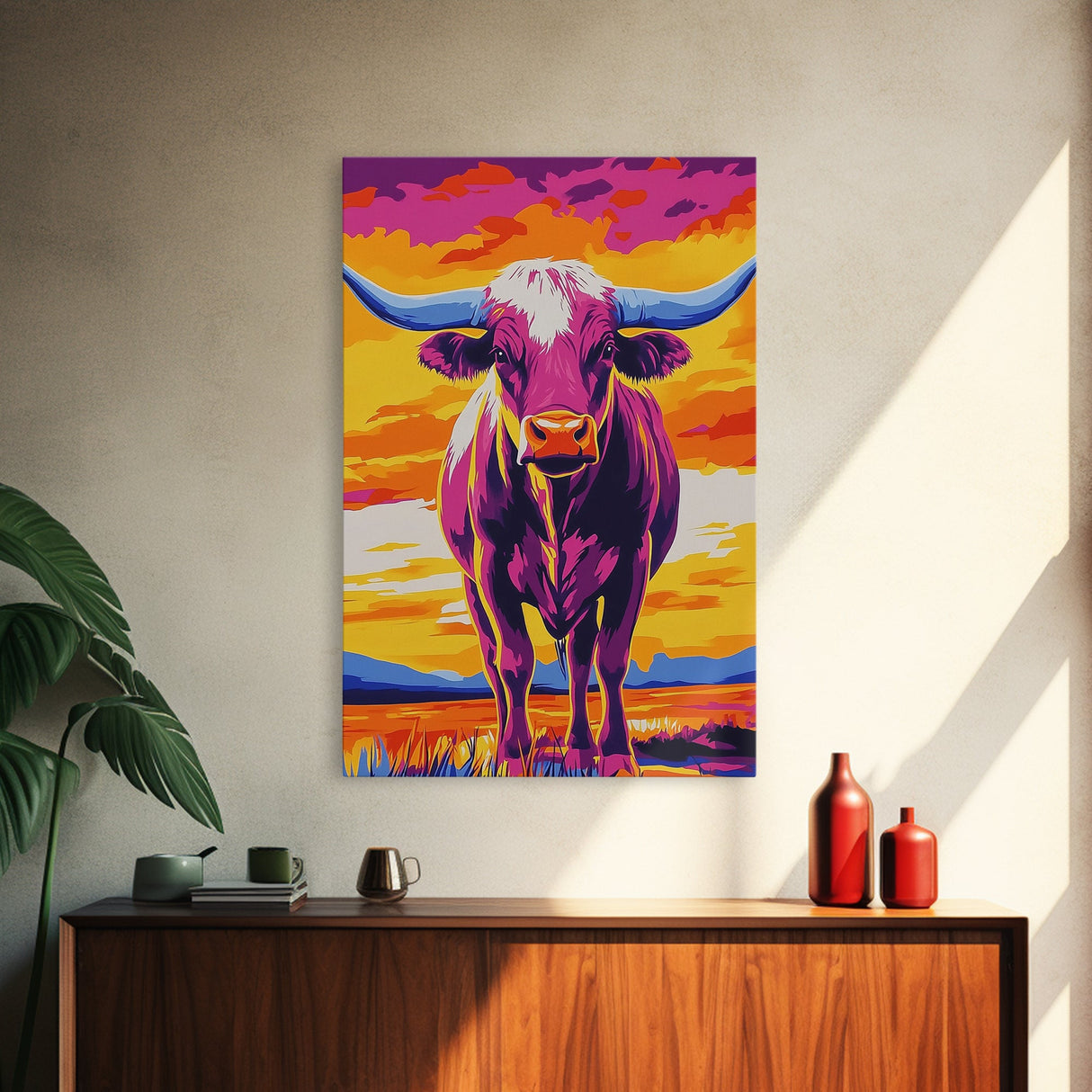 Pop Art Cow, Pink Orange Wall Art, Southwest Wall Art, Canvas Print, Rustic Decor, Farmhouse Art, Living Room Art, Bold Wall Art