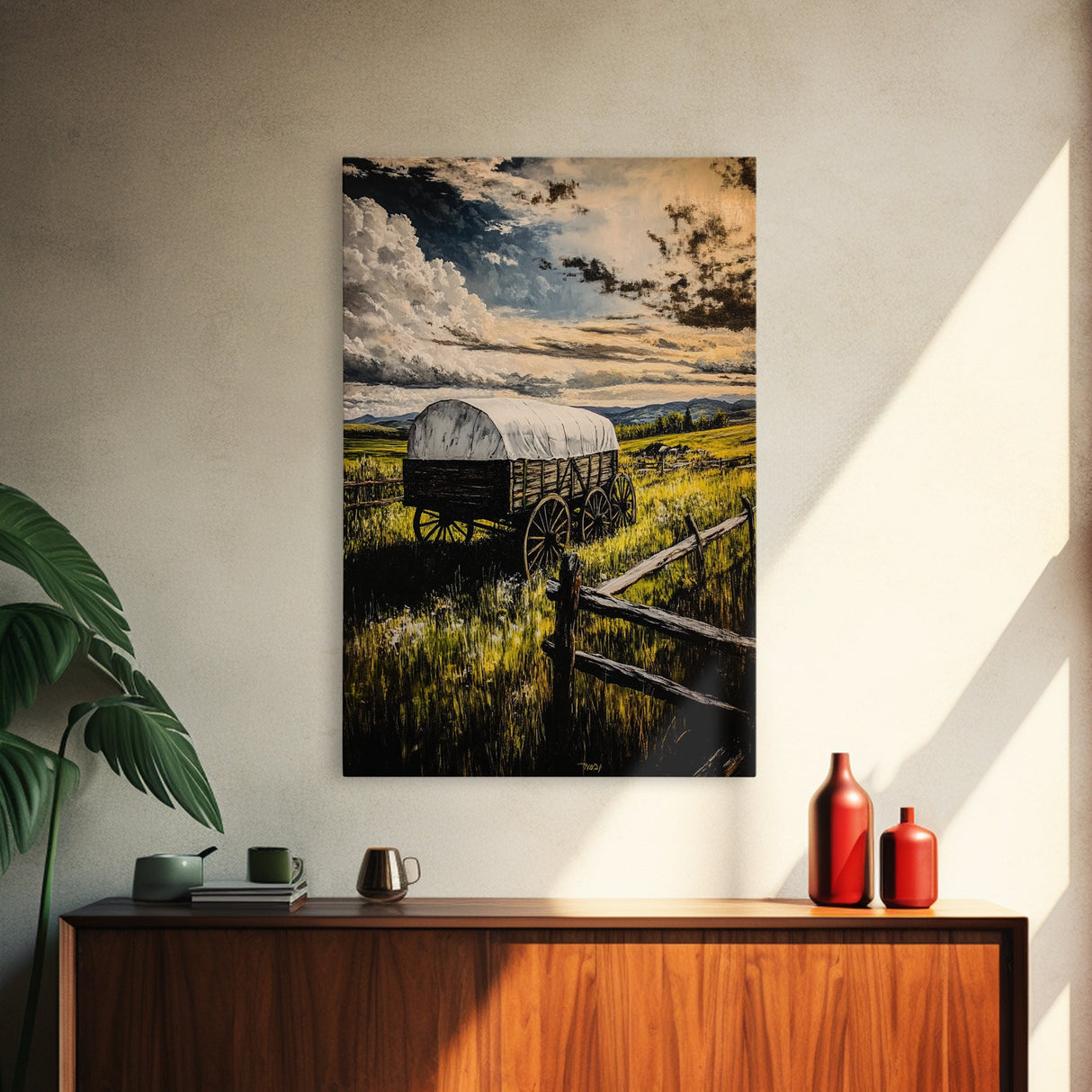 Prairie Wagon, Stormy Sky, Western Landscape, Framed Canvas Print, Rustic Wall Art, Barn Landscape Oil Painting, Farmhouse Art, Moody Art