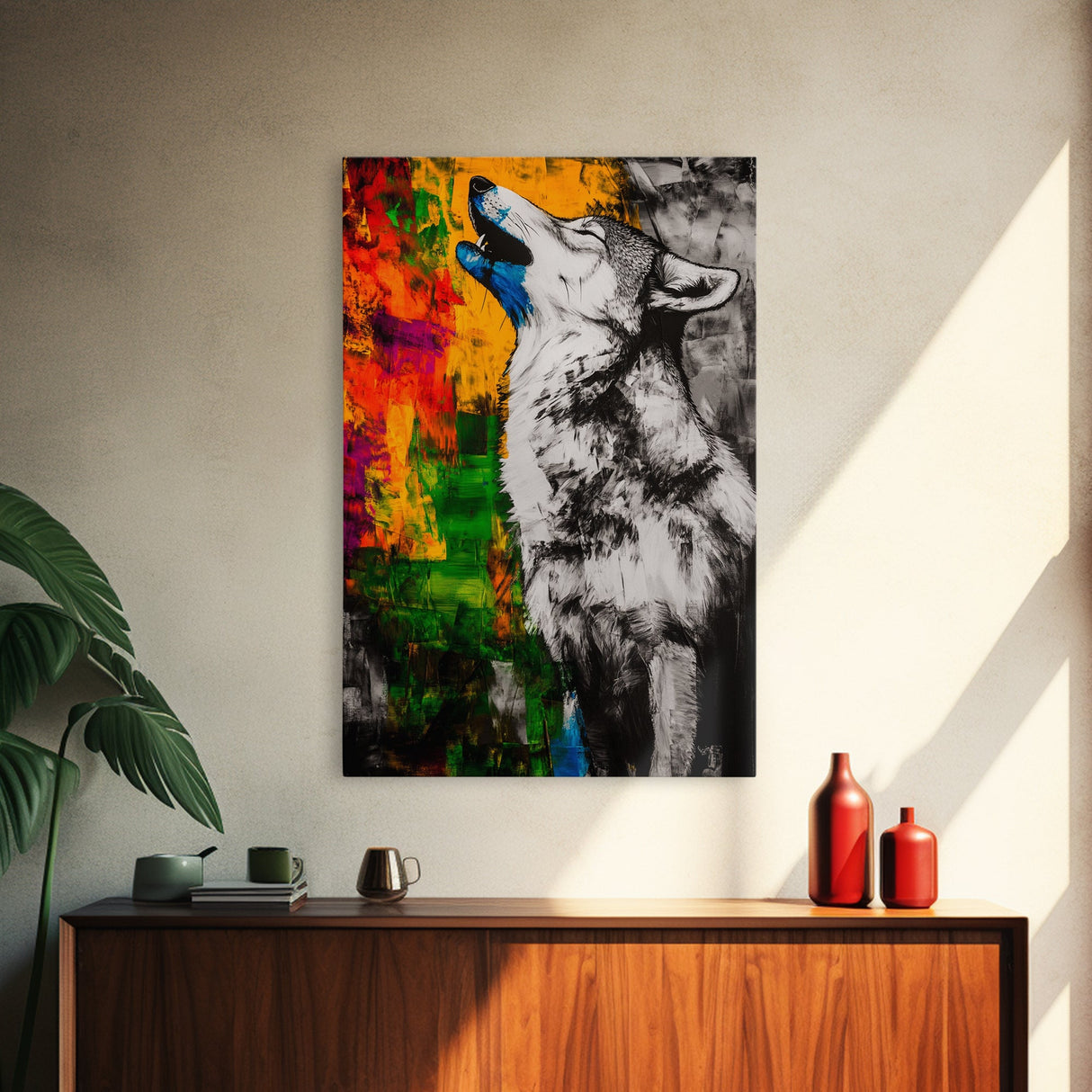 Black and White Wolf, graffiti wall art, rustic decor, moody art, southwest wall art, framed canvas print, dark romance painting