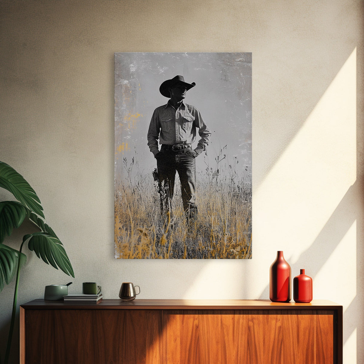 Lone Cowboy, Rustic Art, Western Wall Art, Wabi Sabi Art, Vintage Horse Art, Moody Art, Canvas Print, Framed Cowboy Painting
