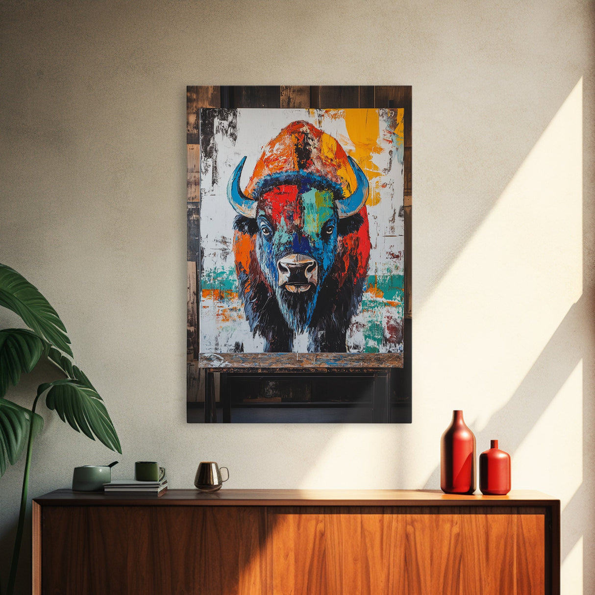 Abstract Bison, Graffiti Wall Art, Bold Colors, Rustic Wall Art, Framed Canvas Print, Farmhouse Art, Southwest Decor, Western Art