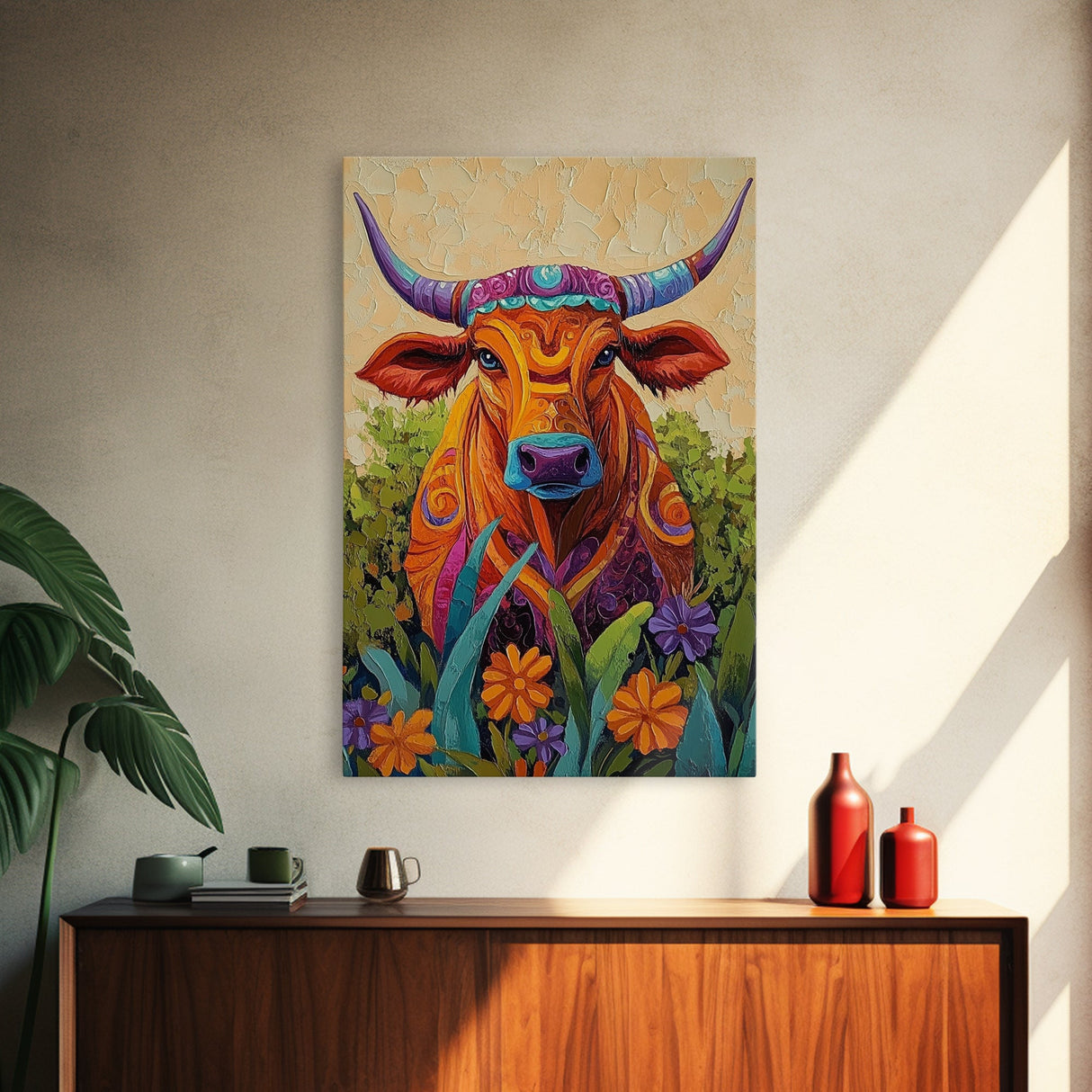 Colorful Bull Art, boho art, wabi sabi art, whimsical art, wildflower painting, framed canvas print, gift idea, rustic wall art