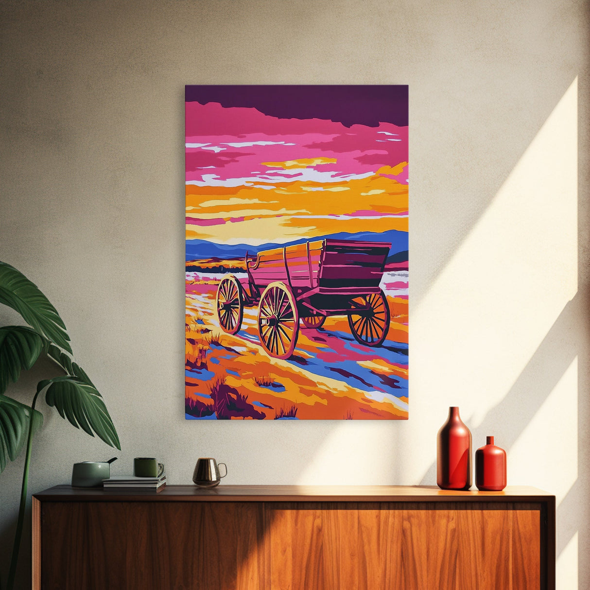 Sunset Wagon Art, pink orange wall art, Joshua tree art, rustic wall art, warm tones painting, framed canvas print, gift idea, extra wide art