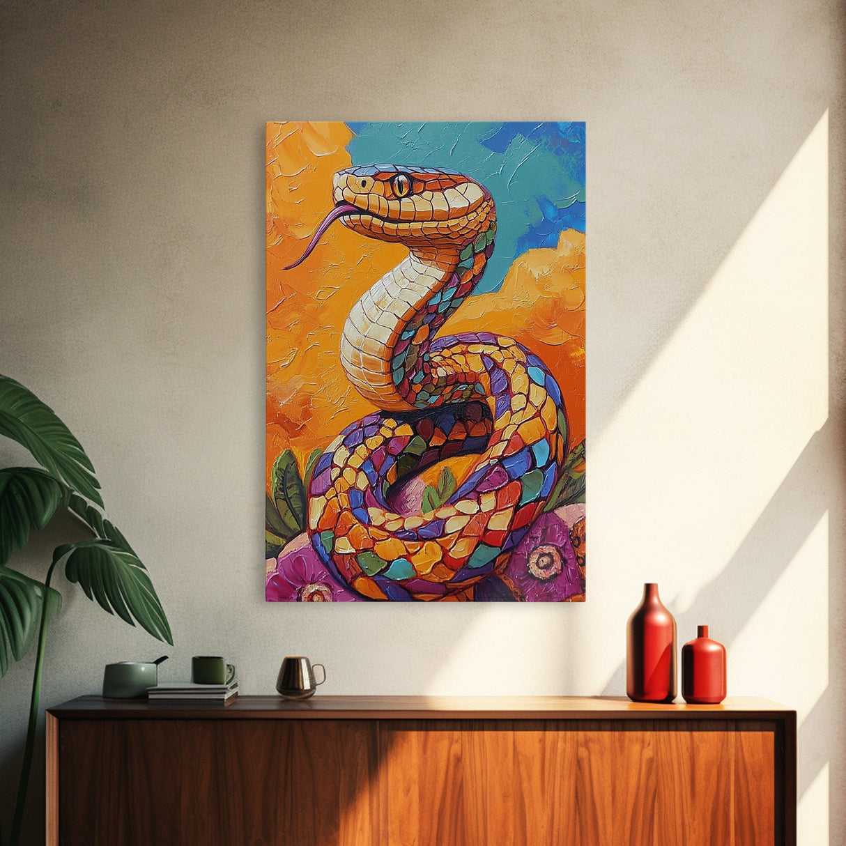 Colorful Snake, Mosaic Snake Painting, Desert Wall Art, Southwest Decor, Boho Art, Living Room Art, Canvas Print, Gift Idea