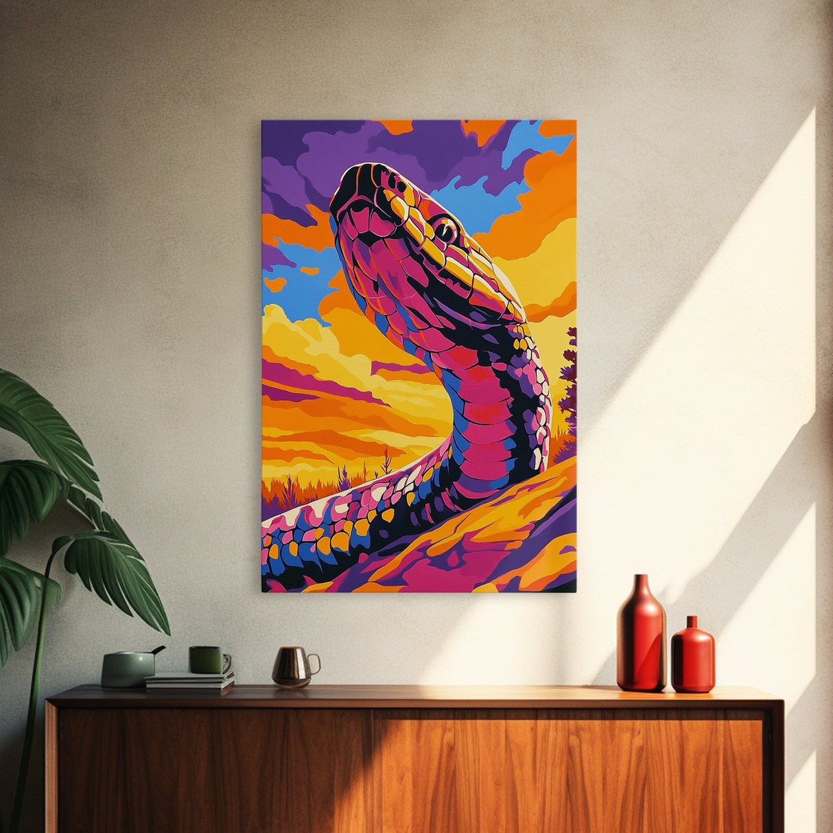 Desert Serpent, Colorful Snake Art, Southwest Wall Art, Boho Home Decor, Wildlife Painting, Framed Canvas Print, Rustic Art