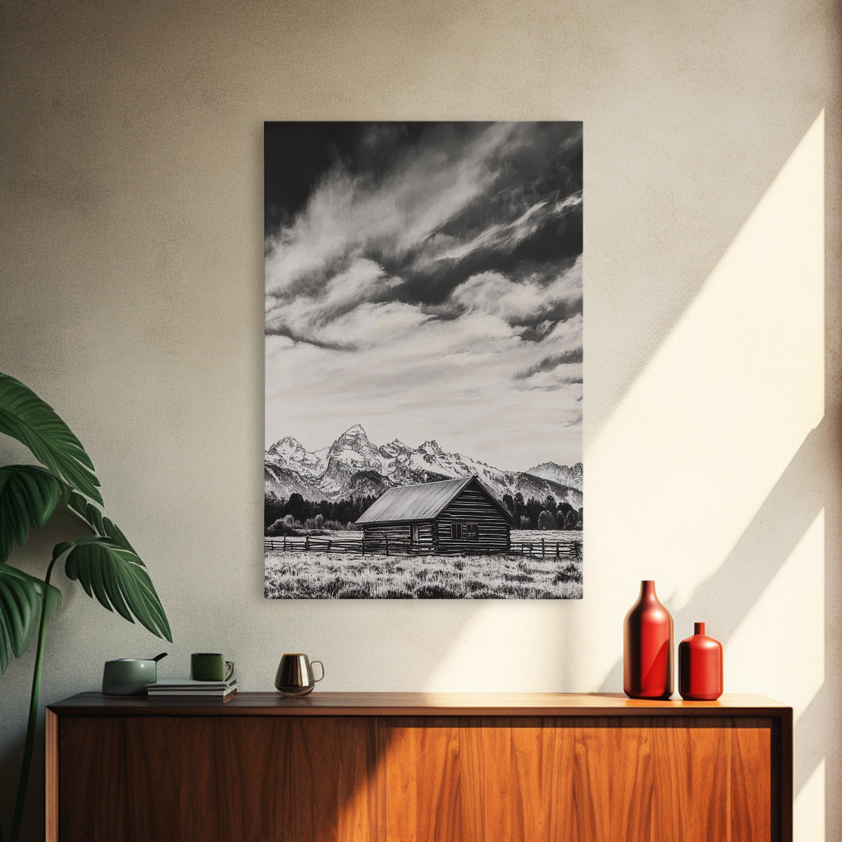 Rustic Cabin, Smoky Mountain Art, Black and White Landscape, Western Wall Art, Wabi Sabi Art, Farmhouse Decor, Canvas Print
