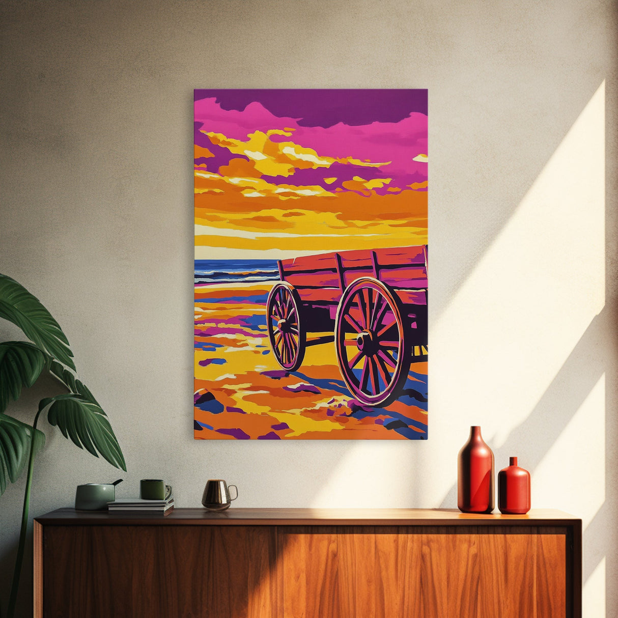 Western beach wagon, rustic decor, pink orange wall art, coastal cowgirl wall art, framed canvas print, above sofa art, boho art