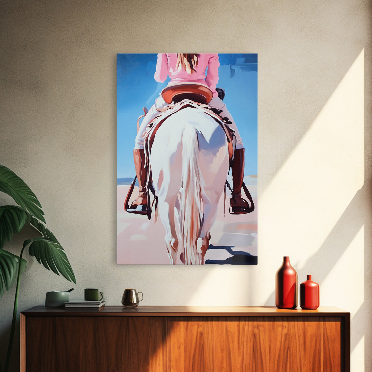 Cowgirl riding horse, vintage horse art, rustic wall art, southwest wall art, coastal cowgirl wall art, framed canvas print, moody art