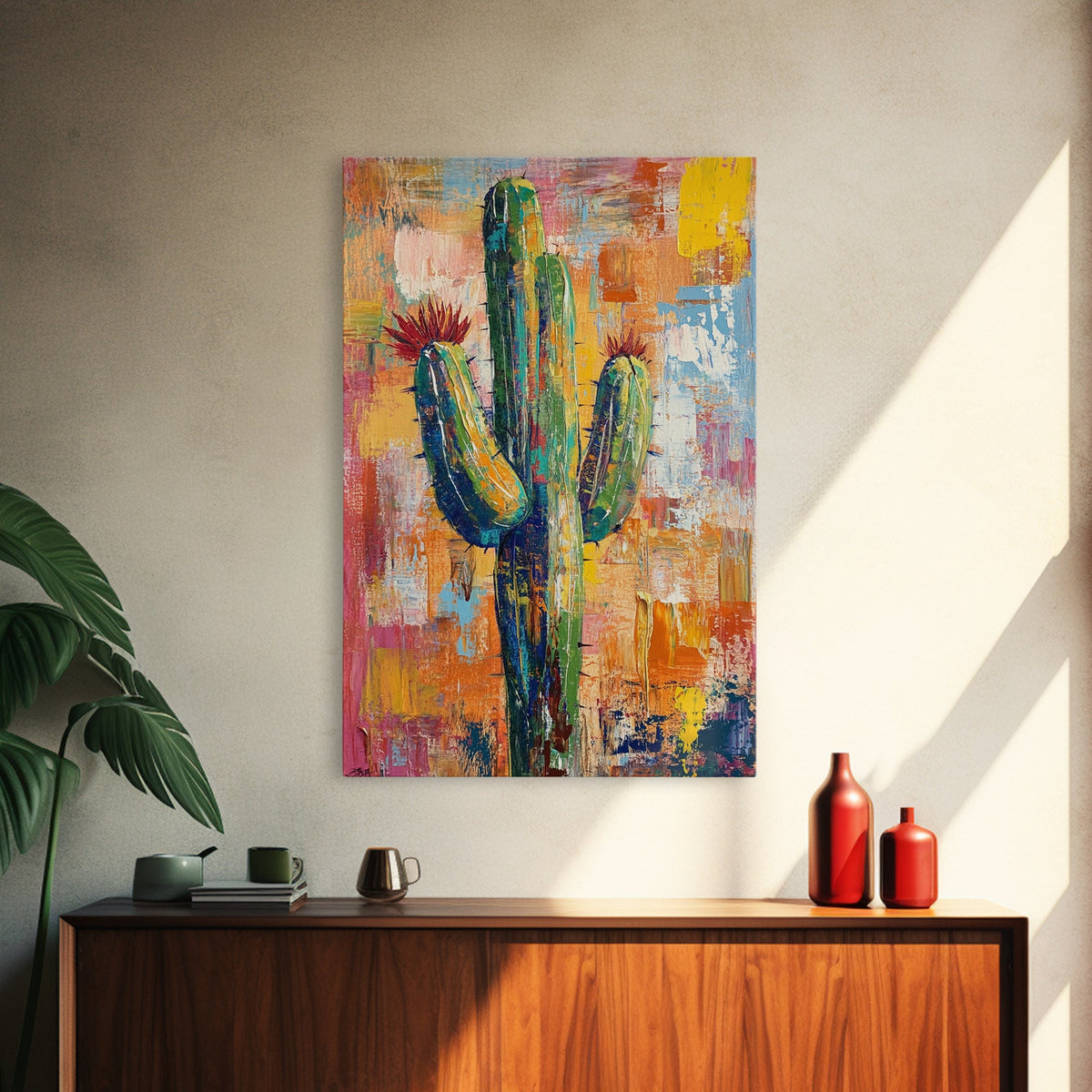 Southwest cactus painting, desert decor, rustic wall art, boho art, framed canvas print, western wall art, gift idea her, botanical prints