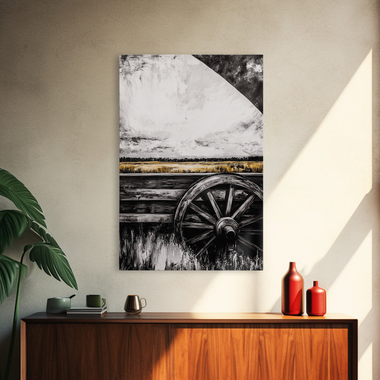 Rustic Wagon Wheel, Moody Art, Farmhouse Wall Art, Framed Canvas Print, Southwest Decor, Western Aesthetic, Above Sofa Art, Gift Idea