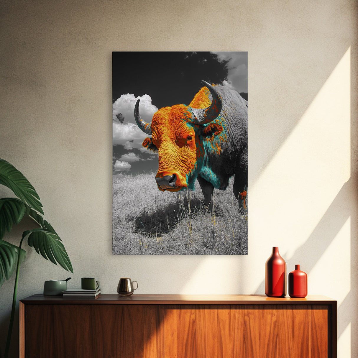 Colorful Buffalo Art, Southwestern Art, Rustic Home Decor, Bold Animal Art, Unique Gift Idea, Framed Canvas Print, Farmhouse Wall Art