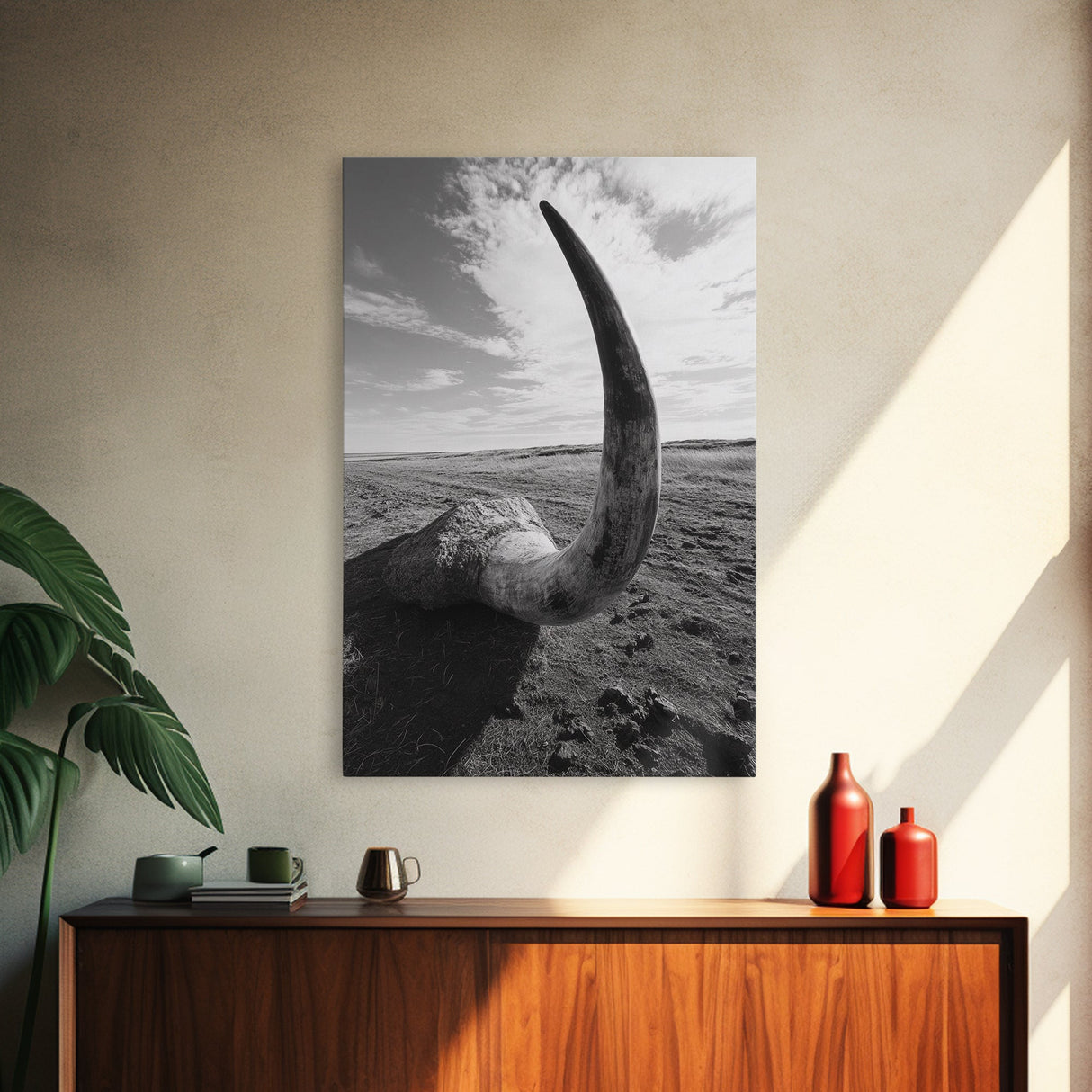 Lone Horn, desert minimalism, rustic western art, wabi sabi decor, moody photography, framed canvas print, black and white, southwest art