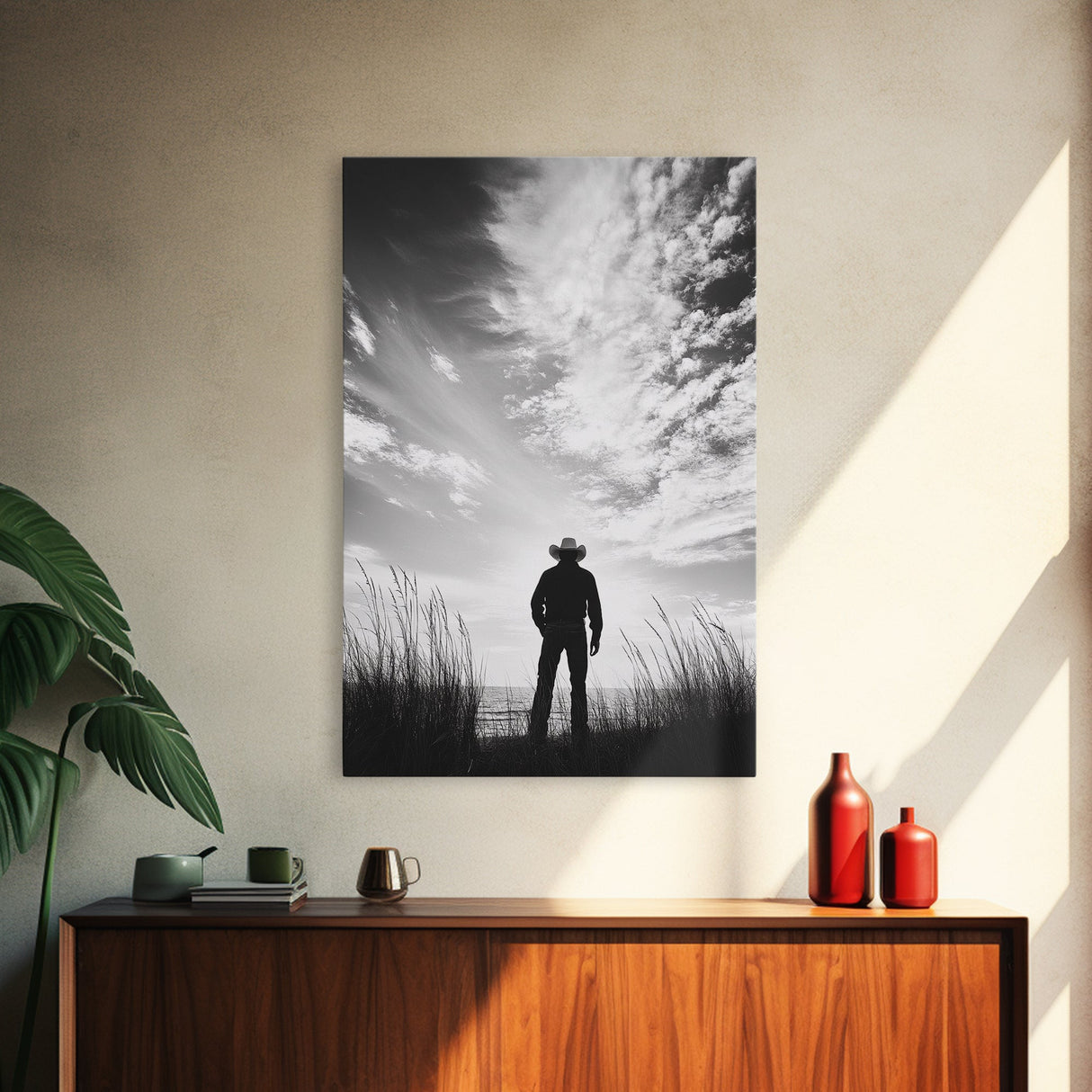 Lone Cowboy, coastal cowgirl wall art, moody art, western art, rustic decor, wabi sabi art, framed canvas print, extra wide art