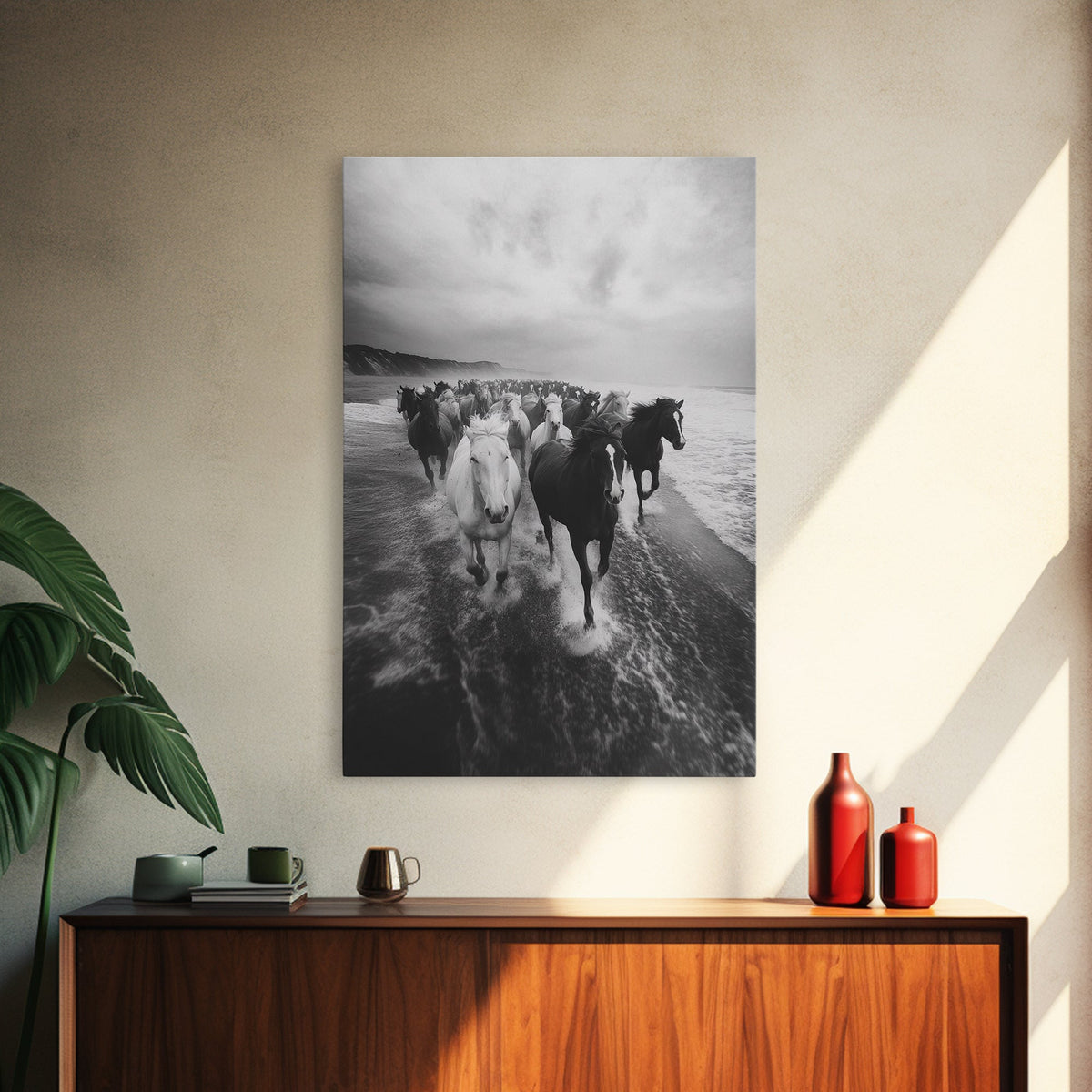 Horse wall art, wild mustangs, moody art, rustic decor, nature photography, black and white art, panoramic art, canvas print, living room art