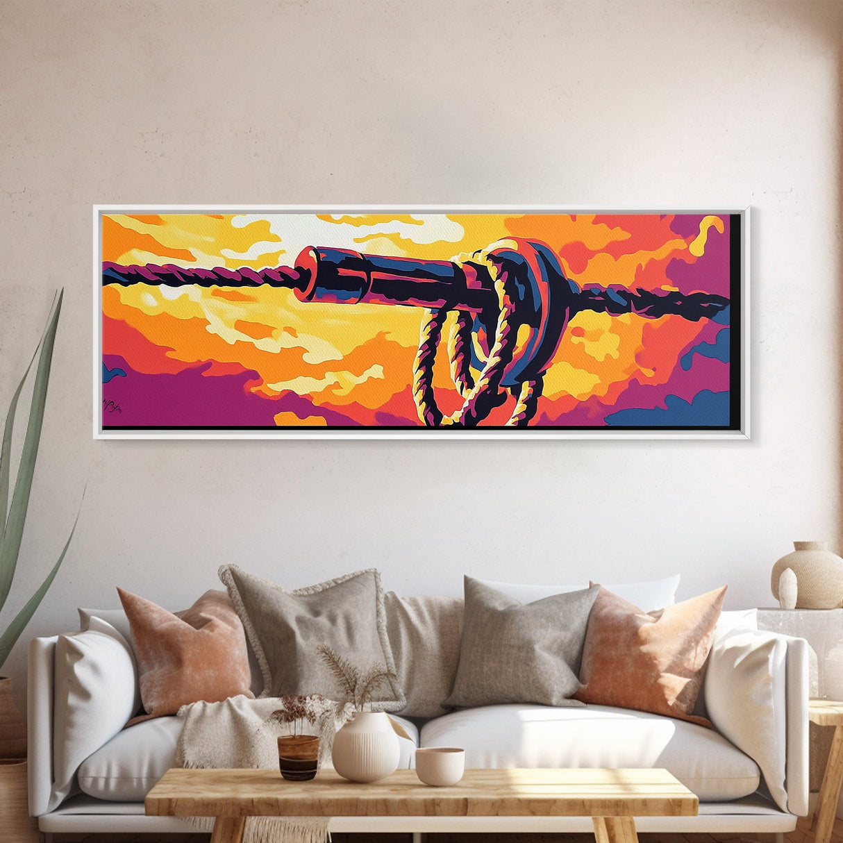 Industrial Knot, rustic wall art, southwest wall art, boho art, orange wall art, geometric painting, extra wide art, Framed Canvas Print