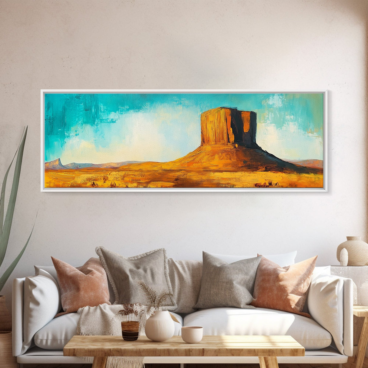 Monument Valley, southwest wall art, mountain painting, rustic wall art, blue and green wall art, extra wide art, Canvas Print