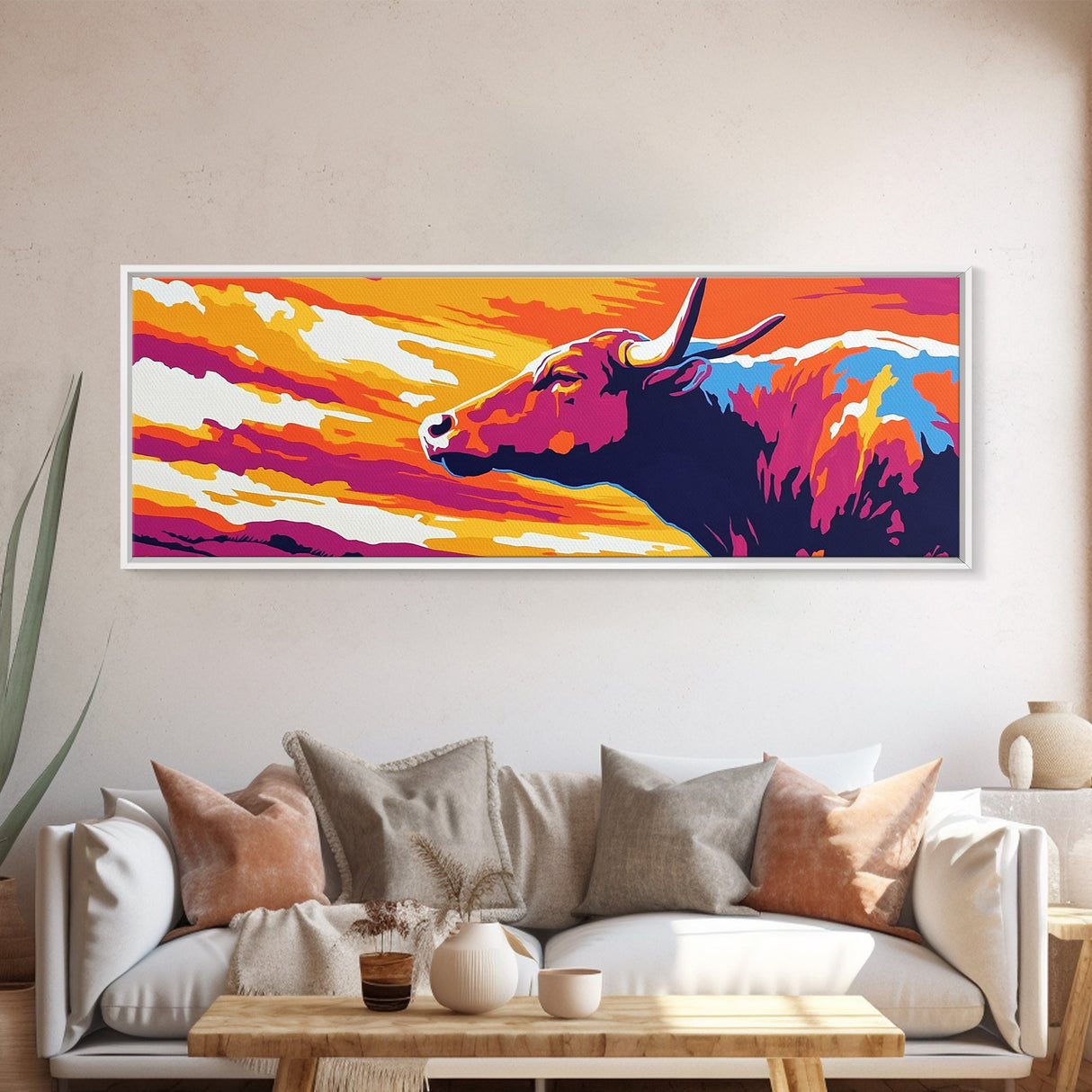 Sunset Bull, bull art, southwest wall art, pink orange wall art, extra wide art, rustic decor, Canvas Print
