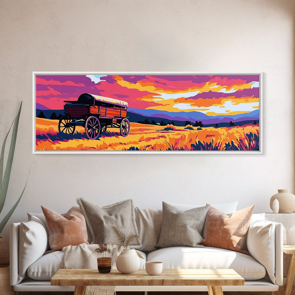 Prairie Wagon, rustic wall art, farmhouse art, cowboy painting, western decor, tall narrow art, panoramic painting, framed canvas print