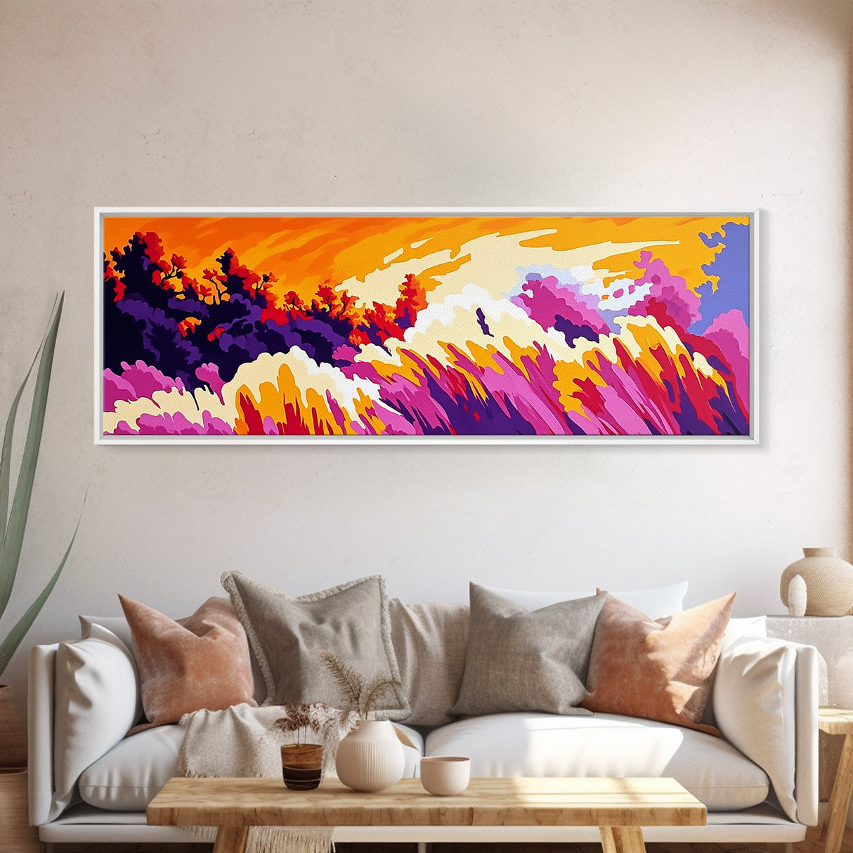 Wildflower Meadow, pink orange wall art, landscape painting, Joshua tree art, boho art, southwest wall art, Canvas Print, gift idea
