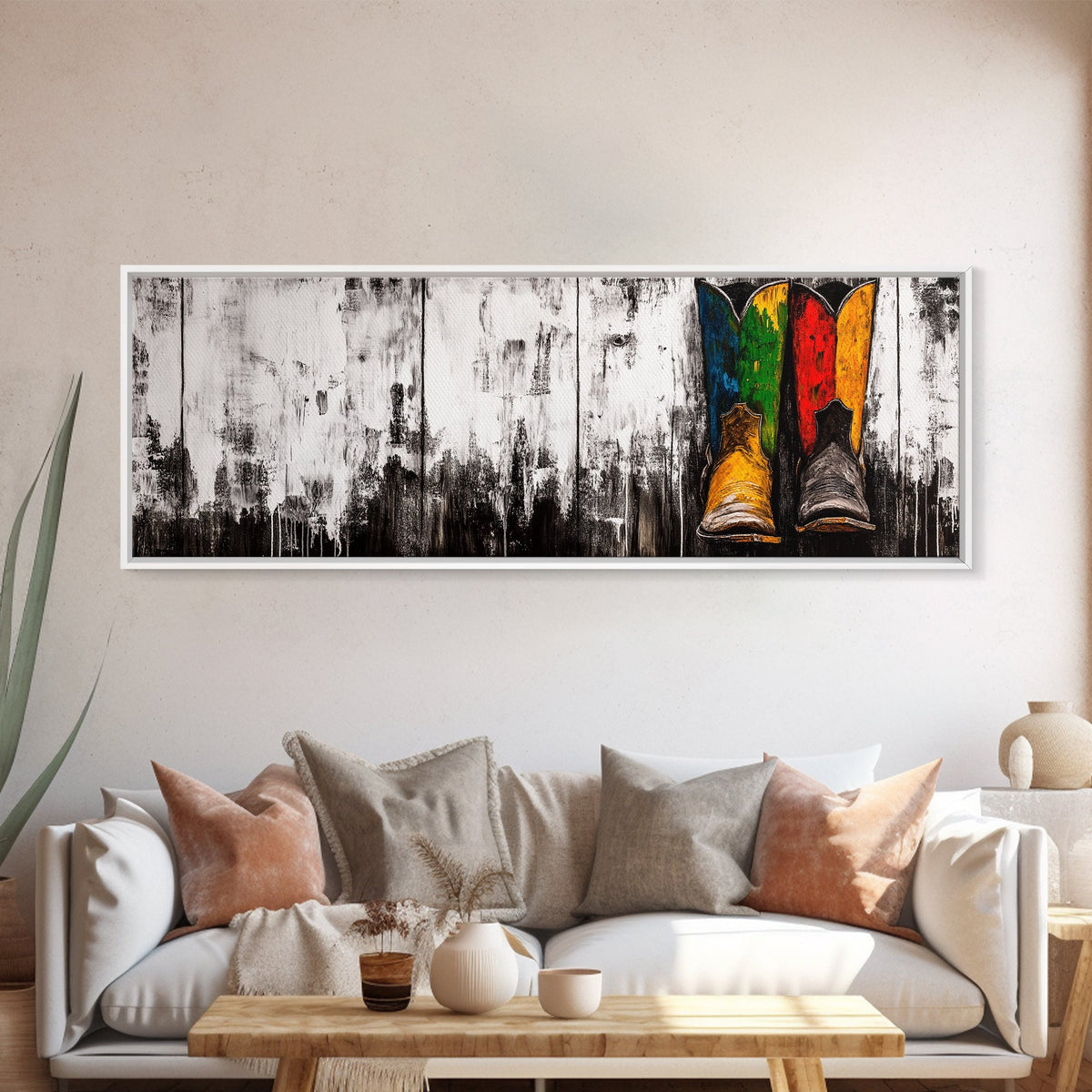 Western Boots, black cowgirl painting, rustic decor, farmhouse art, extra wide art, chicano art, Canvas Print, unique gift idea